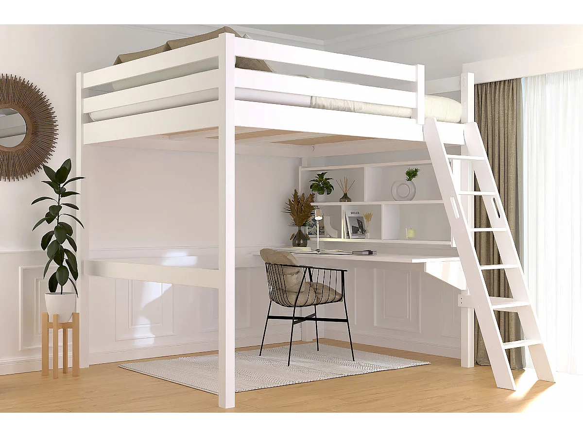 Lit mezzanine 2 places bois Sylvia 160x200 échelle inclinée, Blanc