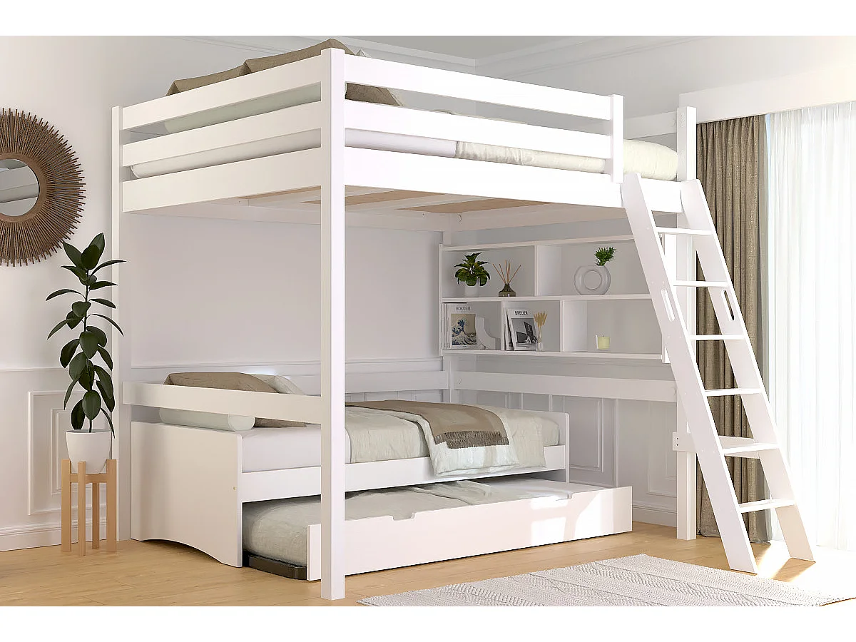 Lit mezzanine 2 places bois Sylvia 160x200 échelle inclinée, Blanc