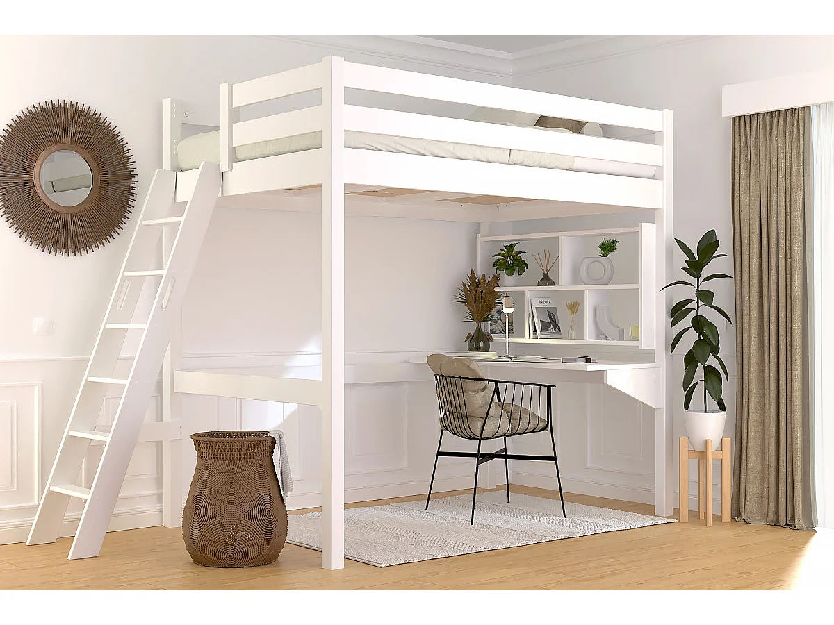 Lit mezzanine 1 place bois Sylvia 120x200 échelle inclinée, Blanc