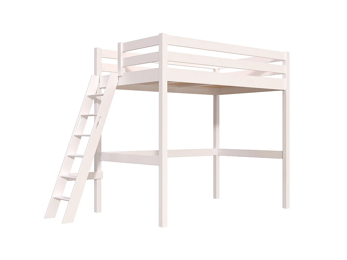 Lit mezzanine 1 place bois Sylvia 120x200 échelle inclinée, Blanc