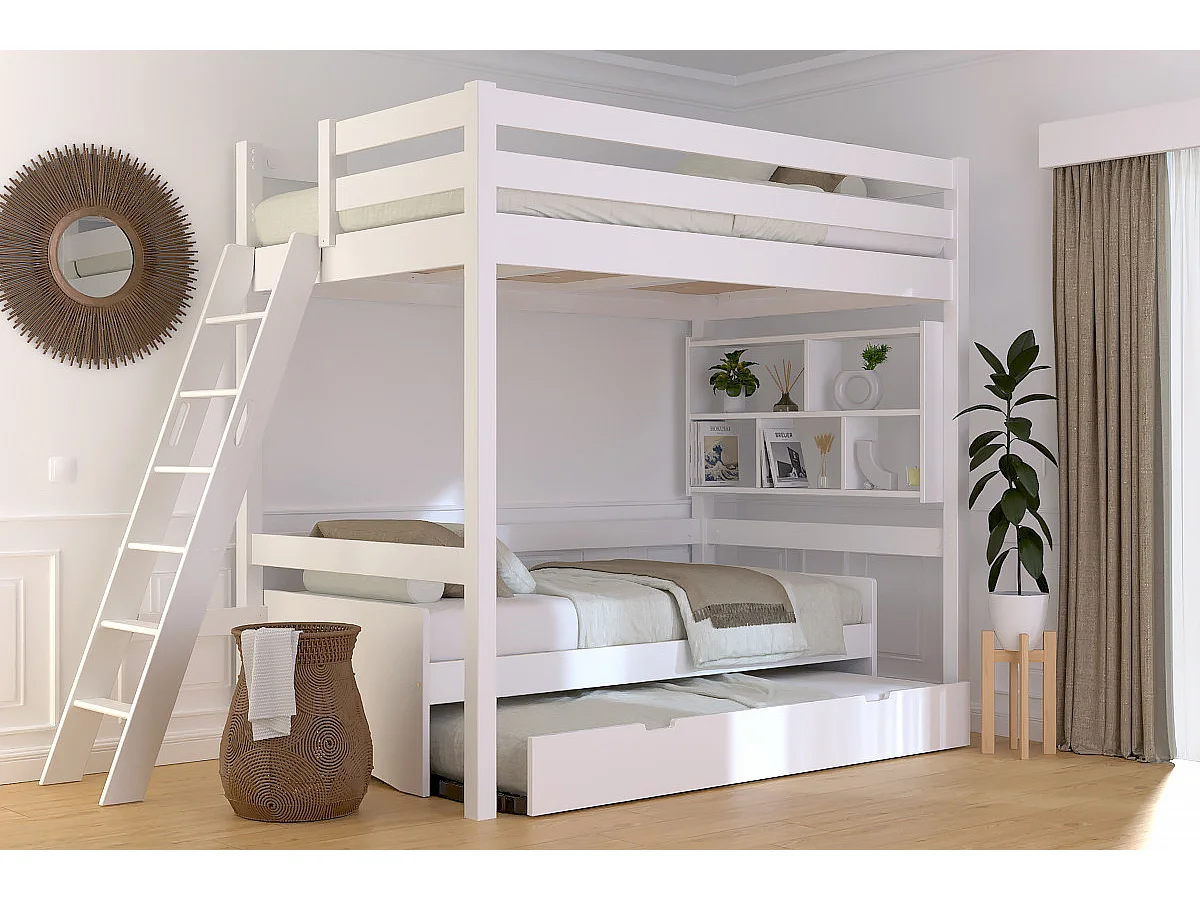 Lit mezzanine 1 place bois Sylvia 120x200 échelle inclinée, Blanc