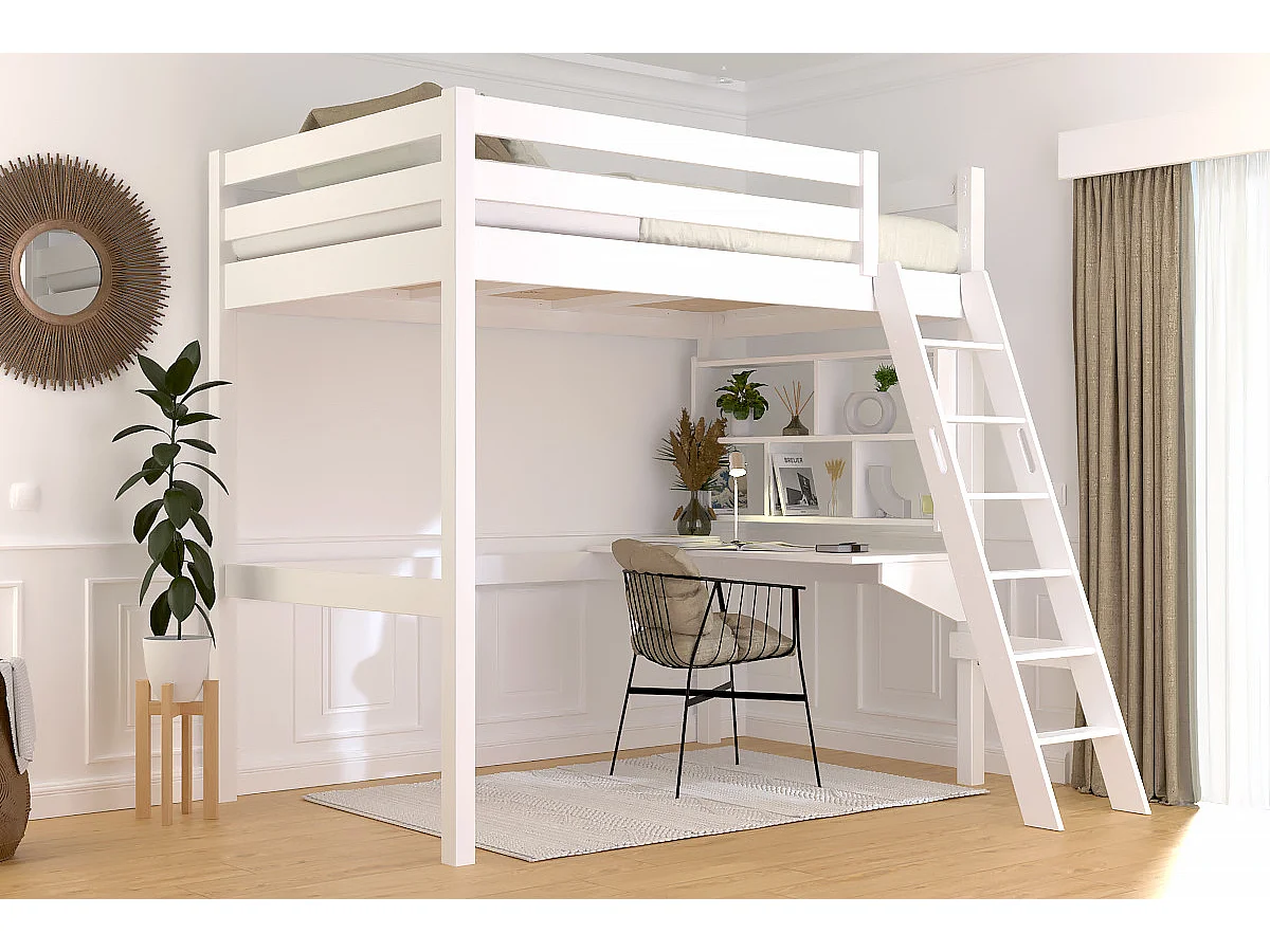 Lit mezzanine 1 place bois Sylvia 120x200 échelle inclinée, Blanc