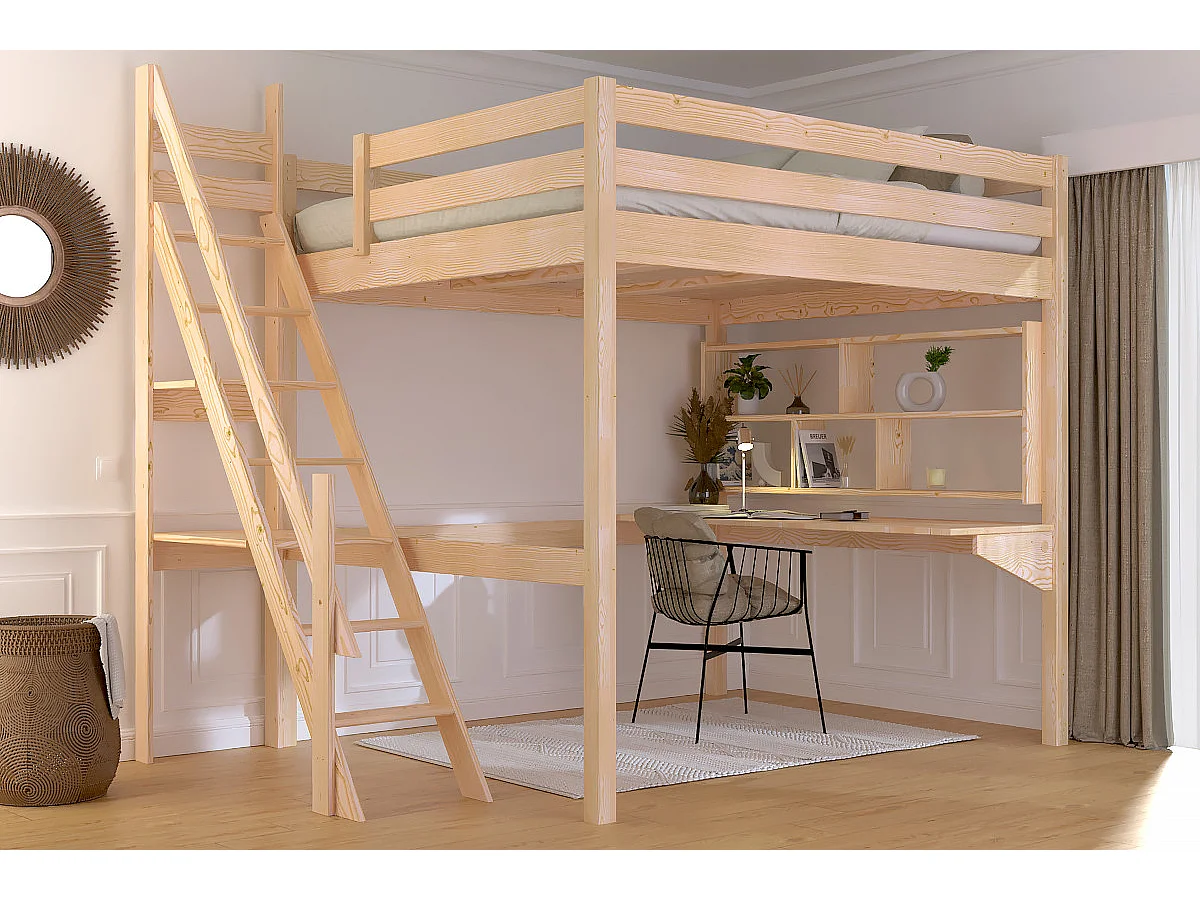 Lit Mezzanine bois 160x200 Sylvia avec escalier de meunier, Vernis Naturel