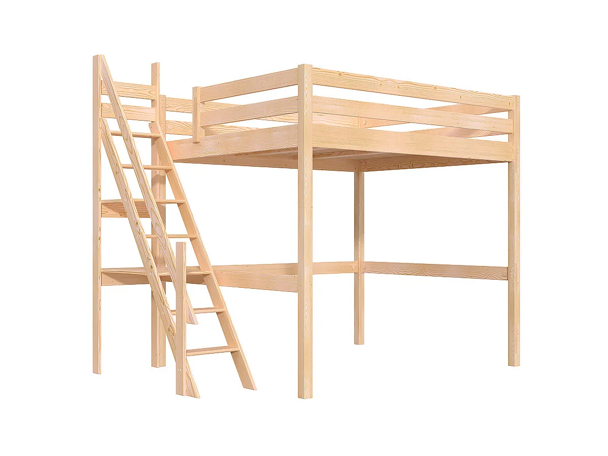 Lit Mezzanine bois 160x200 Sylvia avec escalier de meunier, Vernis Naturel
