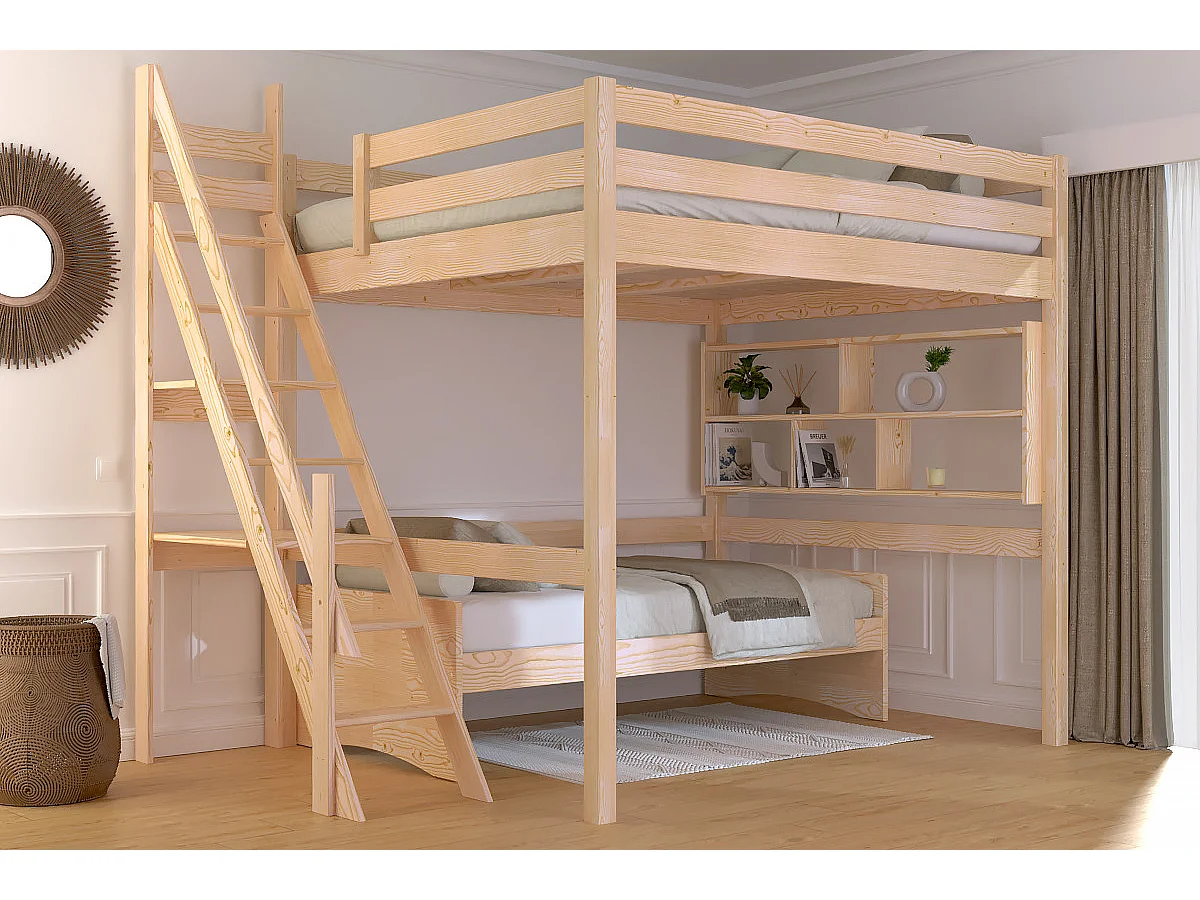 Lit Mezzanine bois 160x200 Sylvia avec escalier de meunier, Vernis Naturel