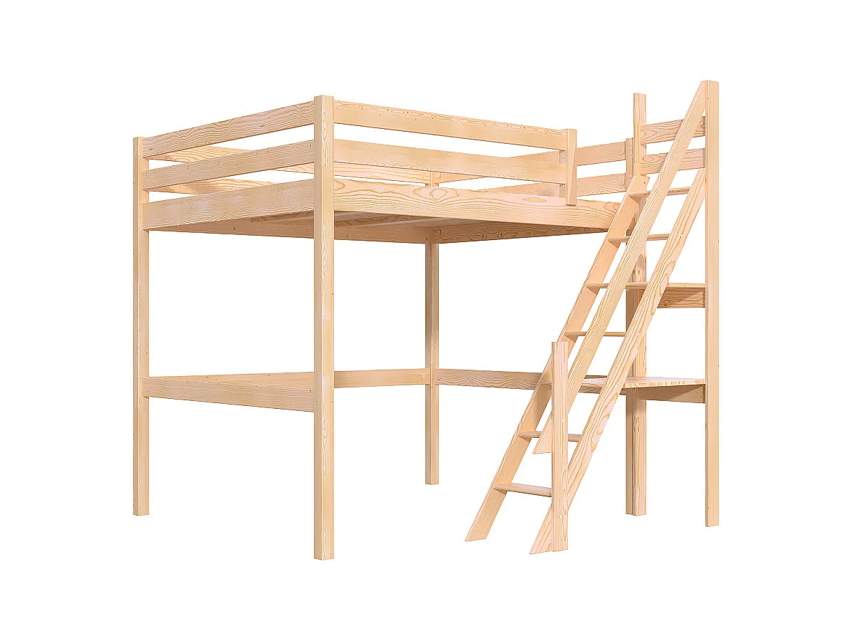 Lit Mezzanine bois 160x200 Sylvia avec escalier de meunier, Vernis Naturel