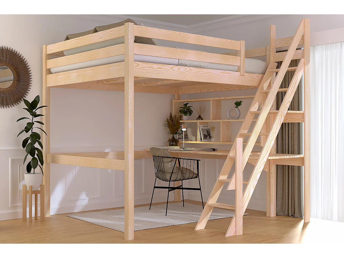 Lit Mezzanine bois 160x200 Sylvia avec escalier de meunier, Vernis Naturel