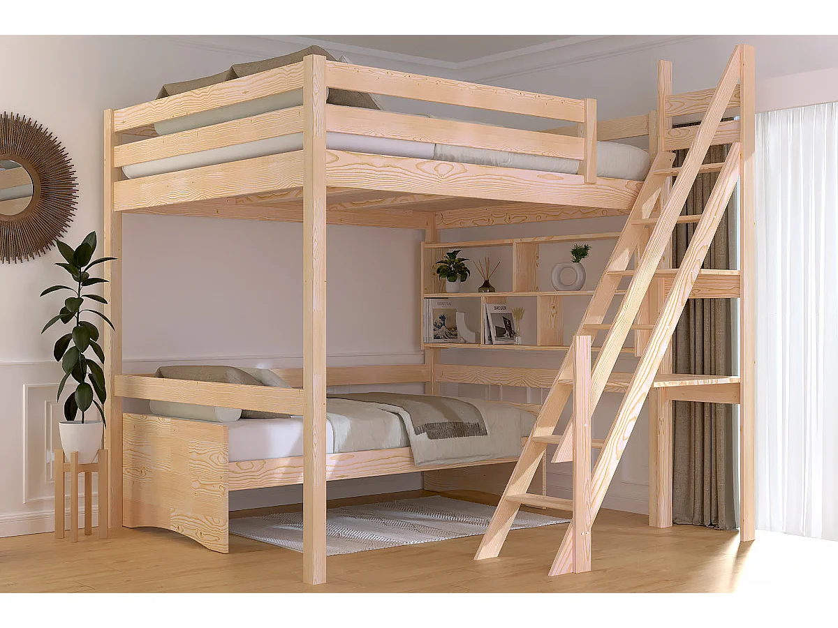 Lit Mezzanine bois 160x200 Sylvia avec escalier de meunier, Vernis Naturel