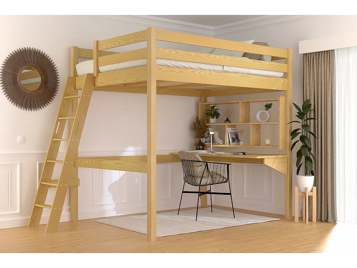 Lit mezzanine 2 places bois Sylvia 140x200 échelle inclinée, Miel