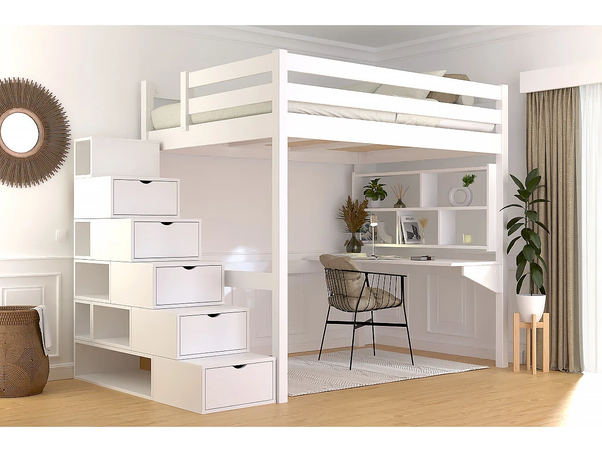 Lit mezzanine bois 140x200 Sylvia avec escalier cube, Blanc