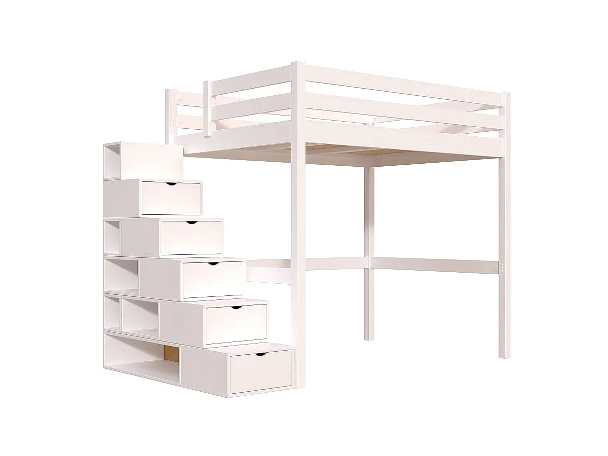 Lit mezzanine bois 140x200 Sylvia avec escalier cube, Blanc