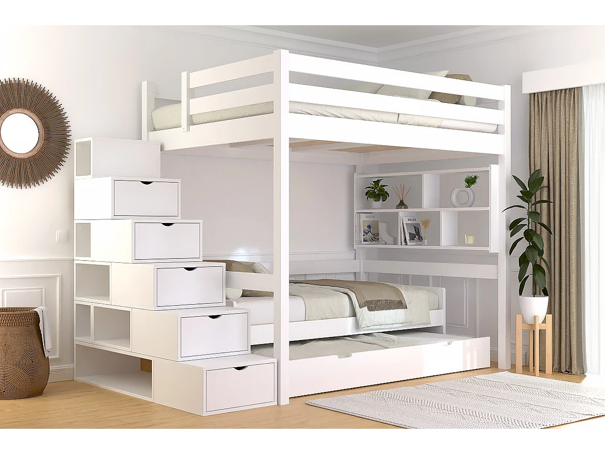 Lit mezzanine bois 140x200 Sylvia avec escalier cube, Blanc