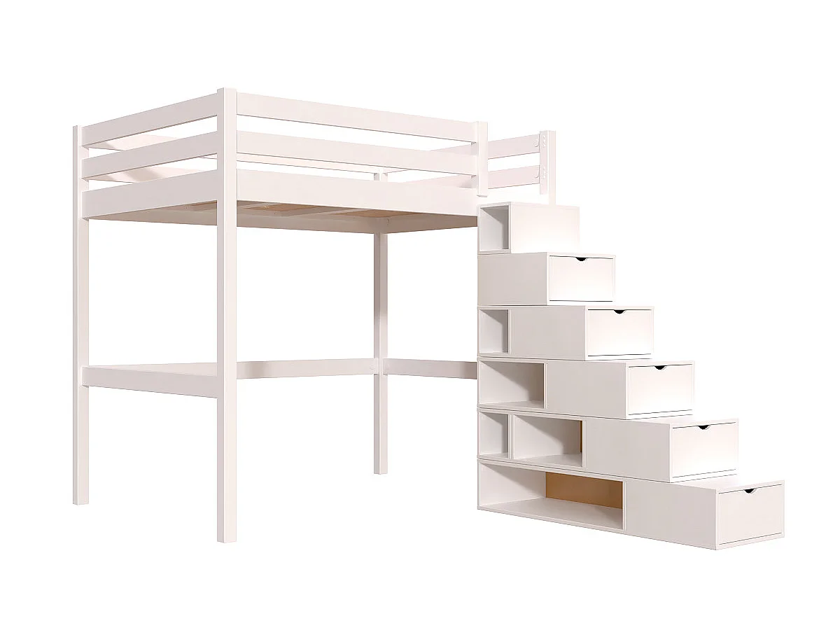 Lit mezzanine bois 140x200 Sylvia avec escalier cube, Blanc
