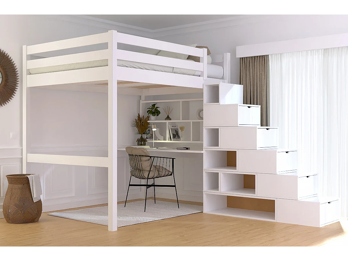 Lit mezzanine bois 140x200 Sylvia avec escalier cube, Blanc