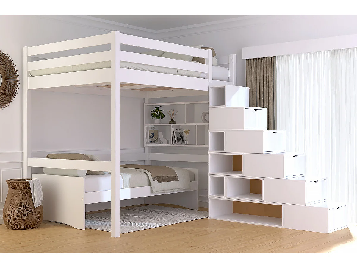Lit mezzanine bois 140x200 Sylvia avec escalier cube, Blanc