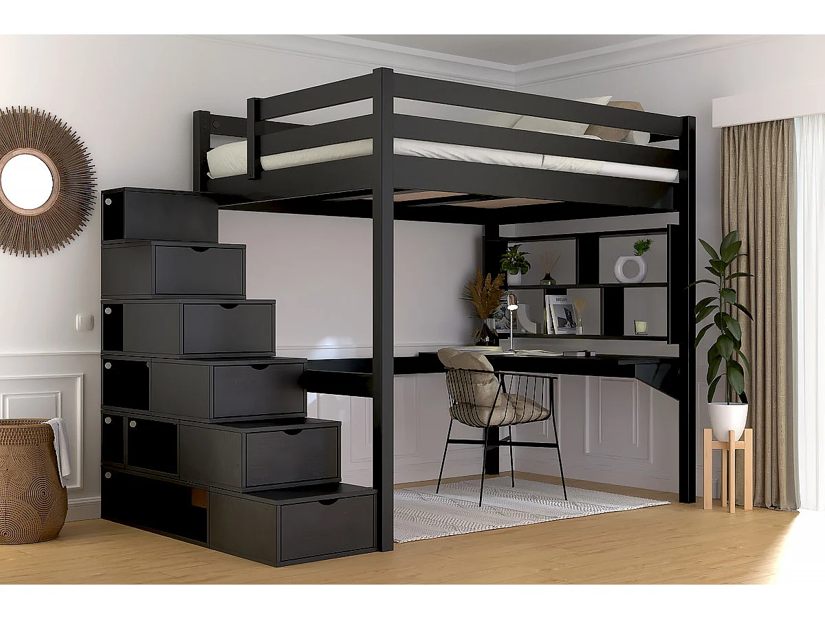 Lit mezzanine bois 140x200 Sylvia avec escalier cube, Noir