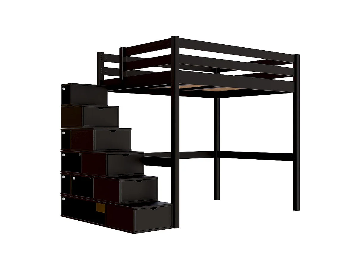 Lit mezzanine bois 140x200 Sylvia avec escalier cube, Noir