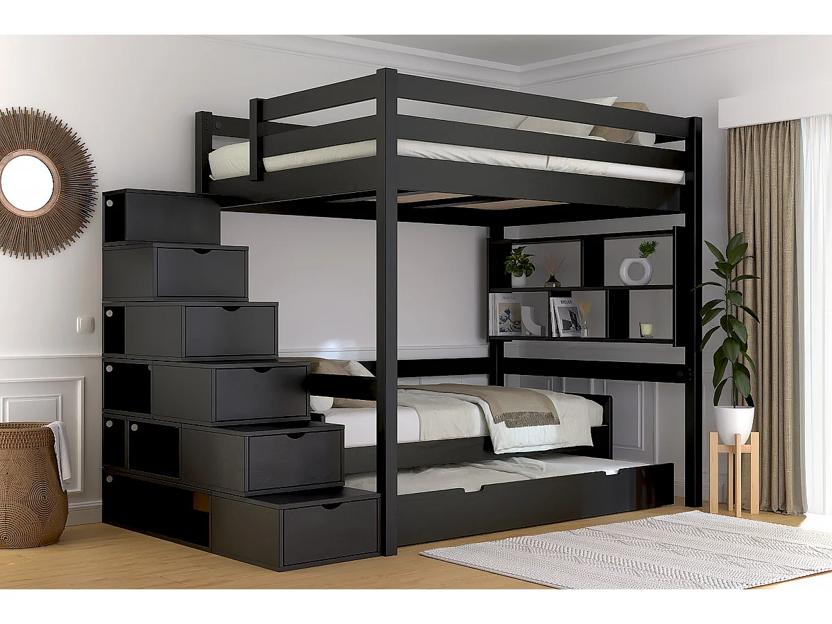 Lit mezzanine bois 140x200 Sylvia avec escalier cube, Noir