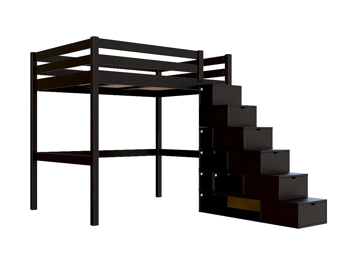 Lit mezzanine bois 140x200 Sylvia avec escalier cube, Noir