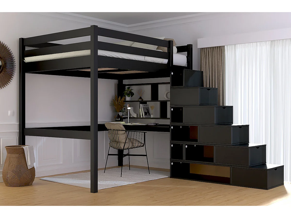 Lit mezzanine bois 140x200 Sylvia avec escalier cube, Noir