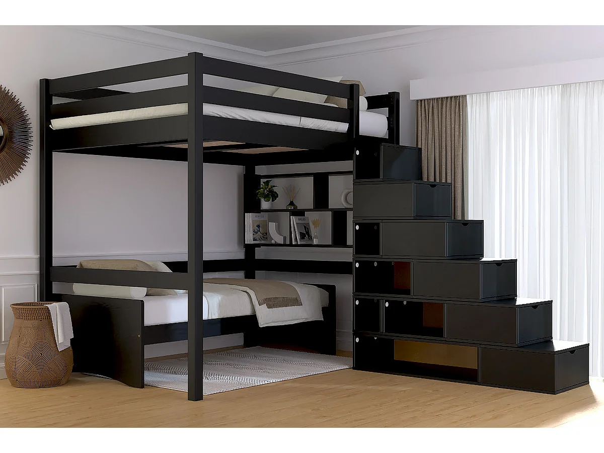 Lit mezzanine bois 140x200 Sylvia avec escalier cube, Noir