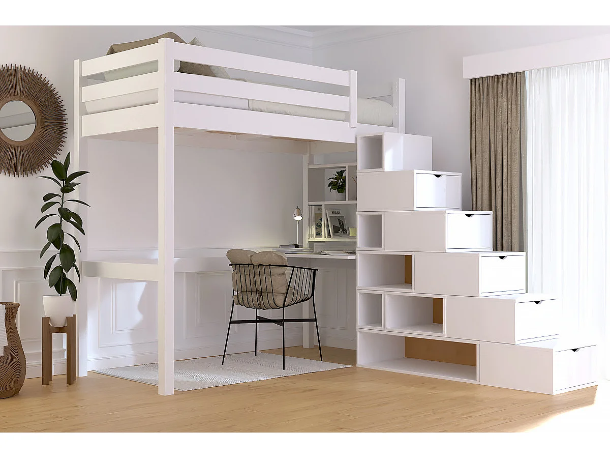 Lit mezzanine bois 90x200 Sylvia avec escalier cube, Blanc