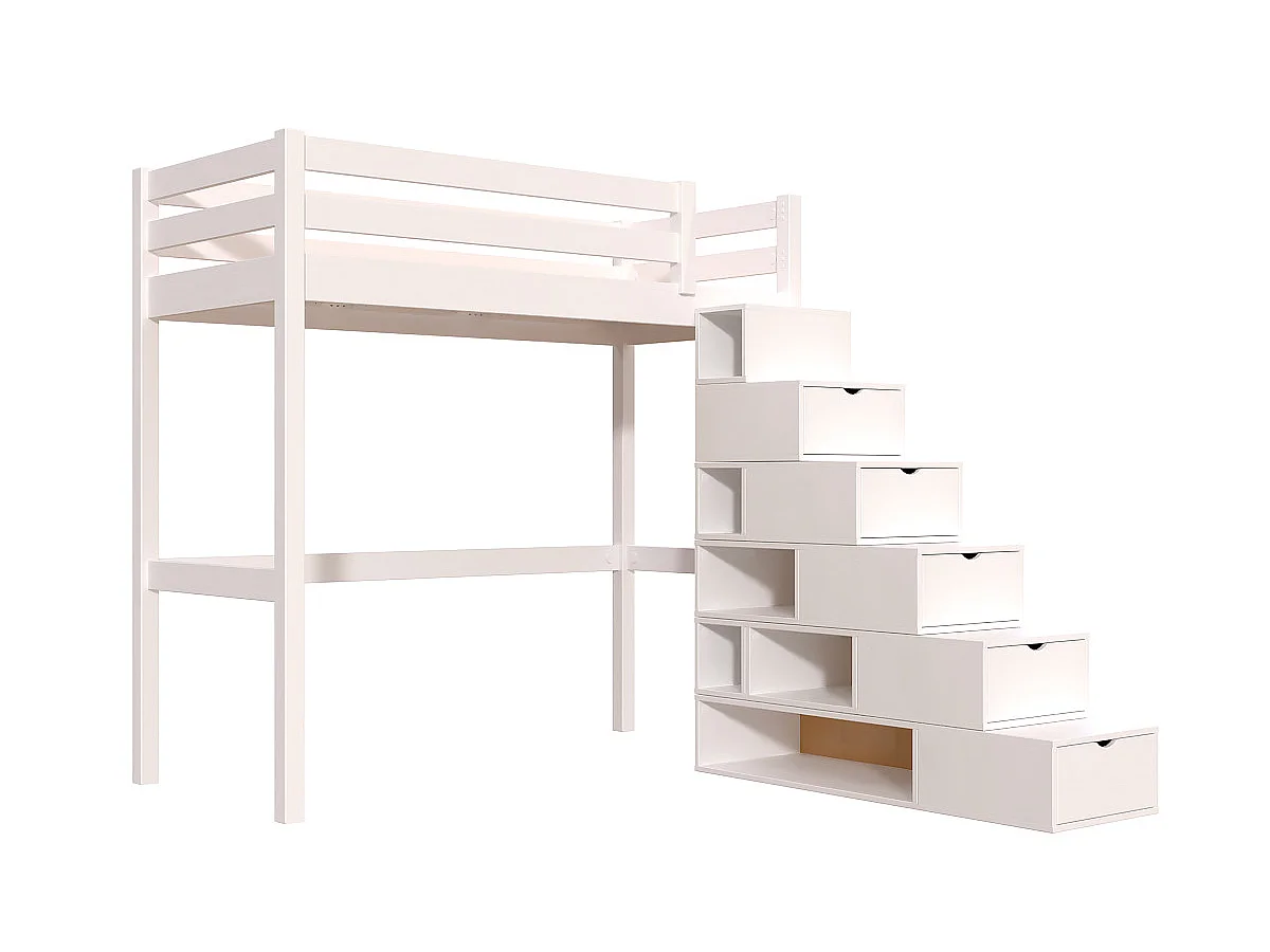 Lit mezzanine bois 90x200 Sylvia avec escalier cube, Blanc