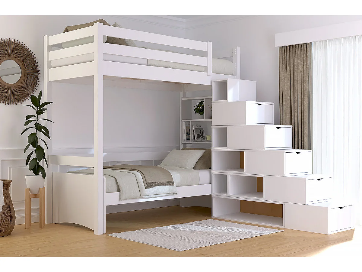 Lit mezzanine bois 90x200 Sylvia avec escalier cube, Blanc