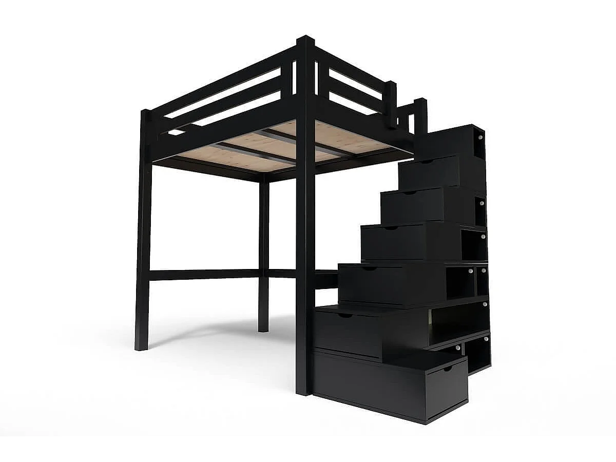 Lit Mezzanine adulte bois 160x200 Alpage hauteur réglable + escalier cube, Noir