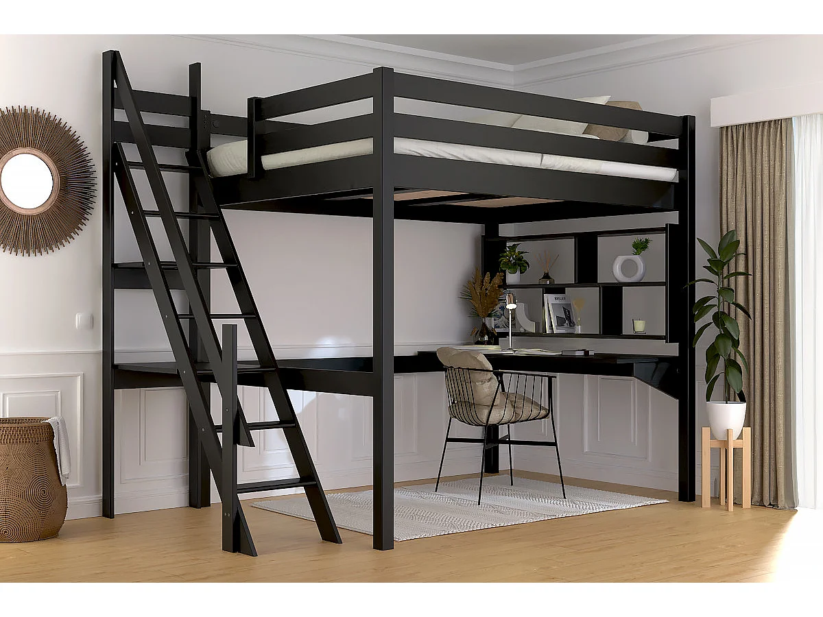 Lit mezzanine bois 140x200 Sylvia avec escalier de meunier, Noir