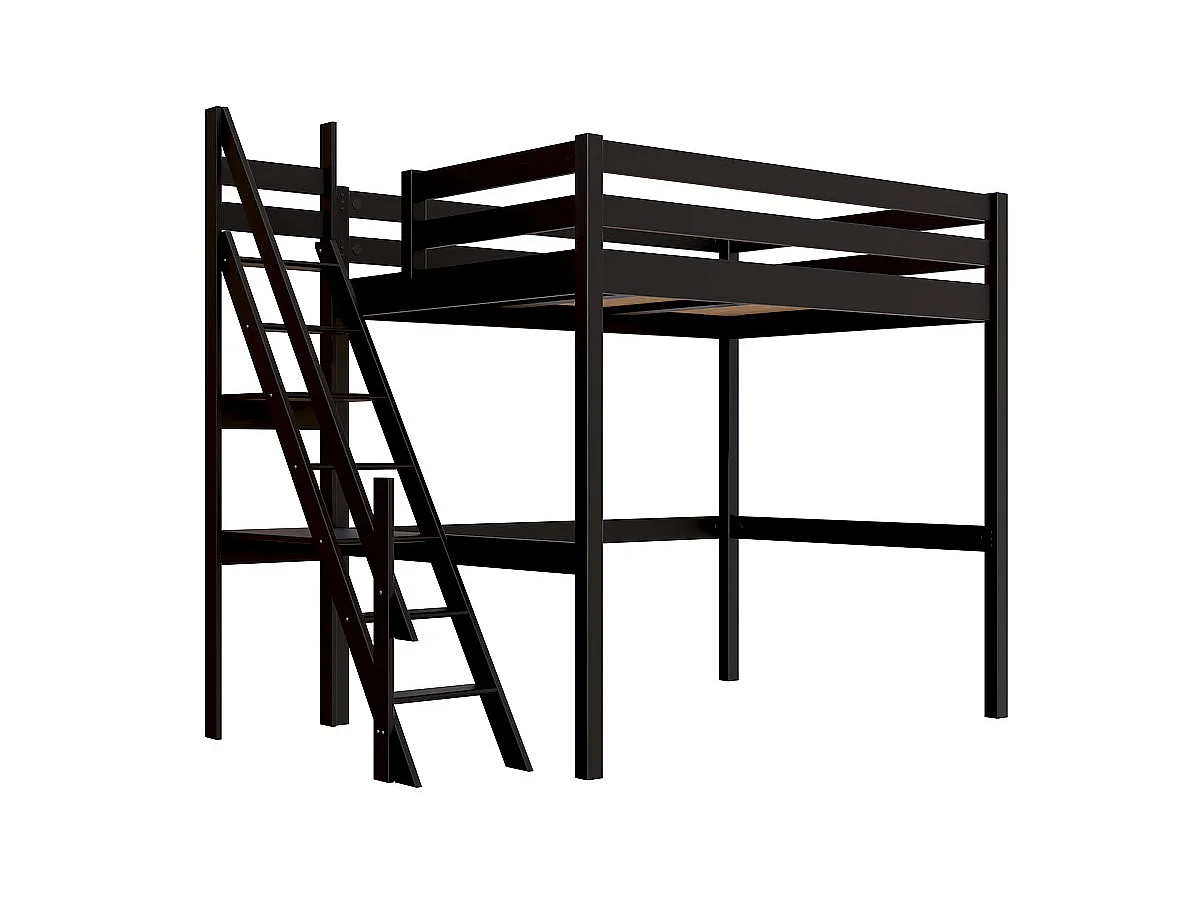 Lit mezzanine bois 140x200 Sylvia avec escalier de meunier, Noir