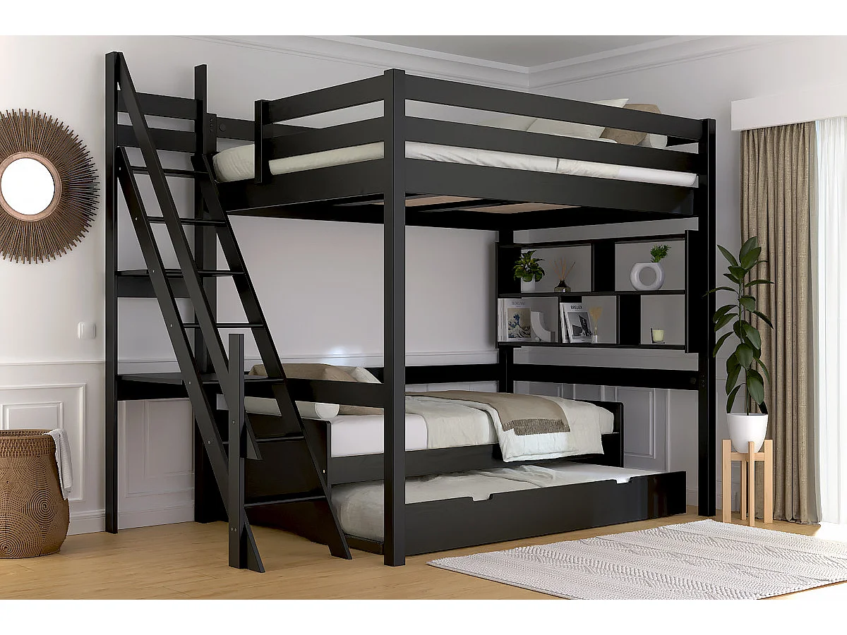 Lit mezzanine bois 140x200 Sylvia avec escalier de meunier, Noir