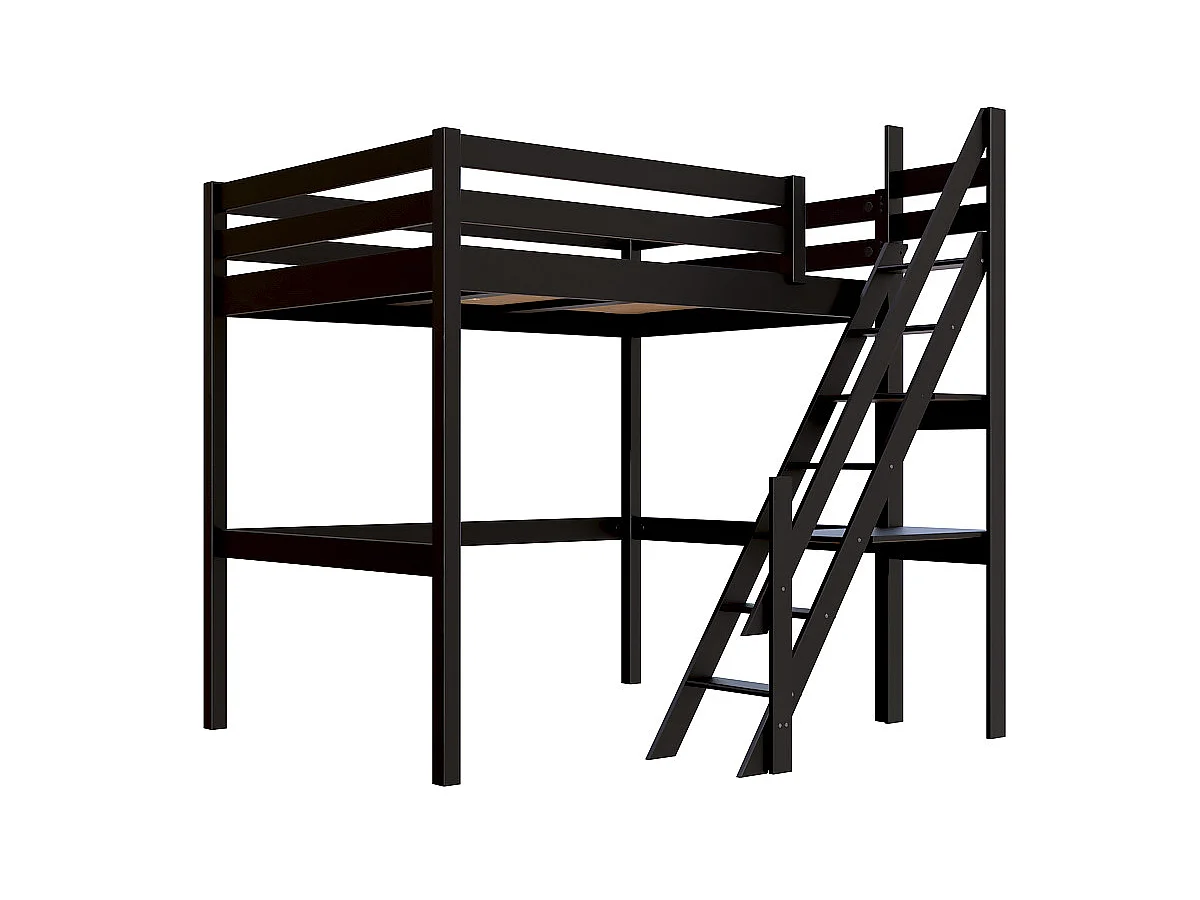 Lit mezzanine bois 140x200 Sylvia avec escalier de meunier, Noir