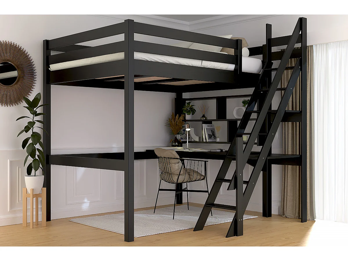 Lit mezzanine bois 140x200 Sylvia avec escalier de meunier, Noir