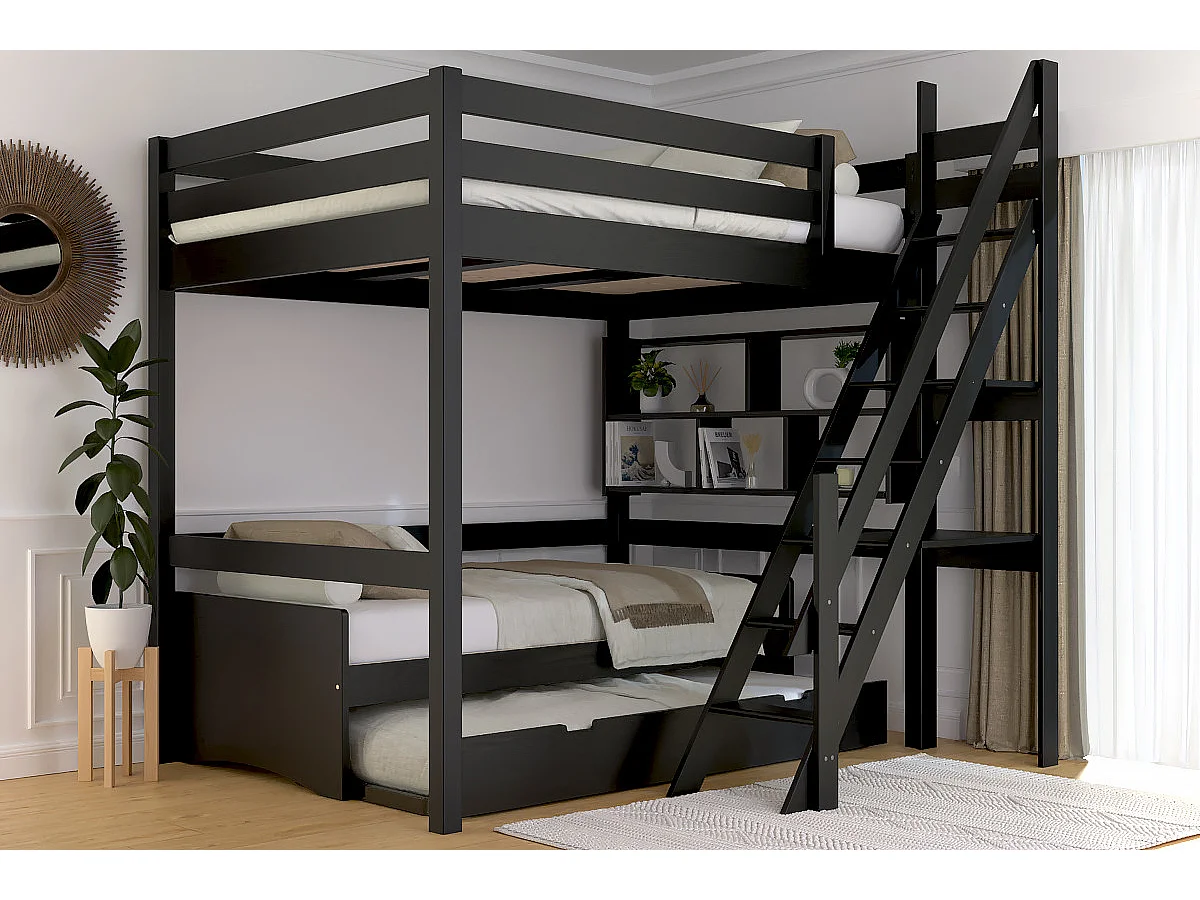 Lit mezzanine bois 140x200 Sylvia avec escalier de meunier, Noir