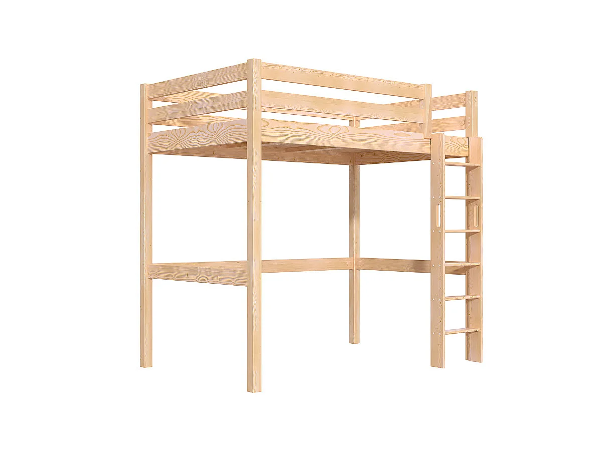 Lit en hauteur 1 place bois Sylvia 120x200 échelle droite, Vernis Naturel
