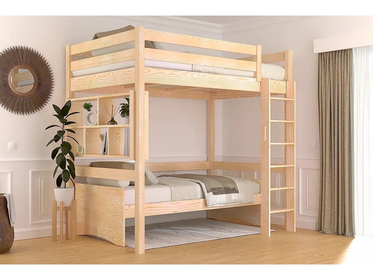 Lit en hauteur 1 place bois Sylvia 120x200 échelle droite, Vernis Naturel
