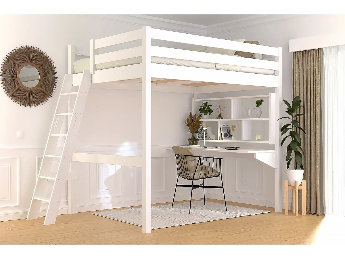 Lit mezzanine 2 places bois Sylvia 140x190 échelle inclinée, Blanc
