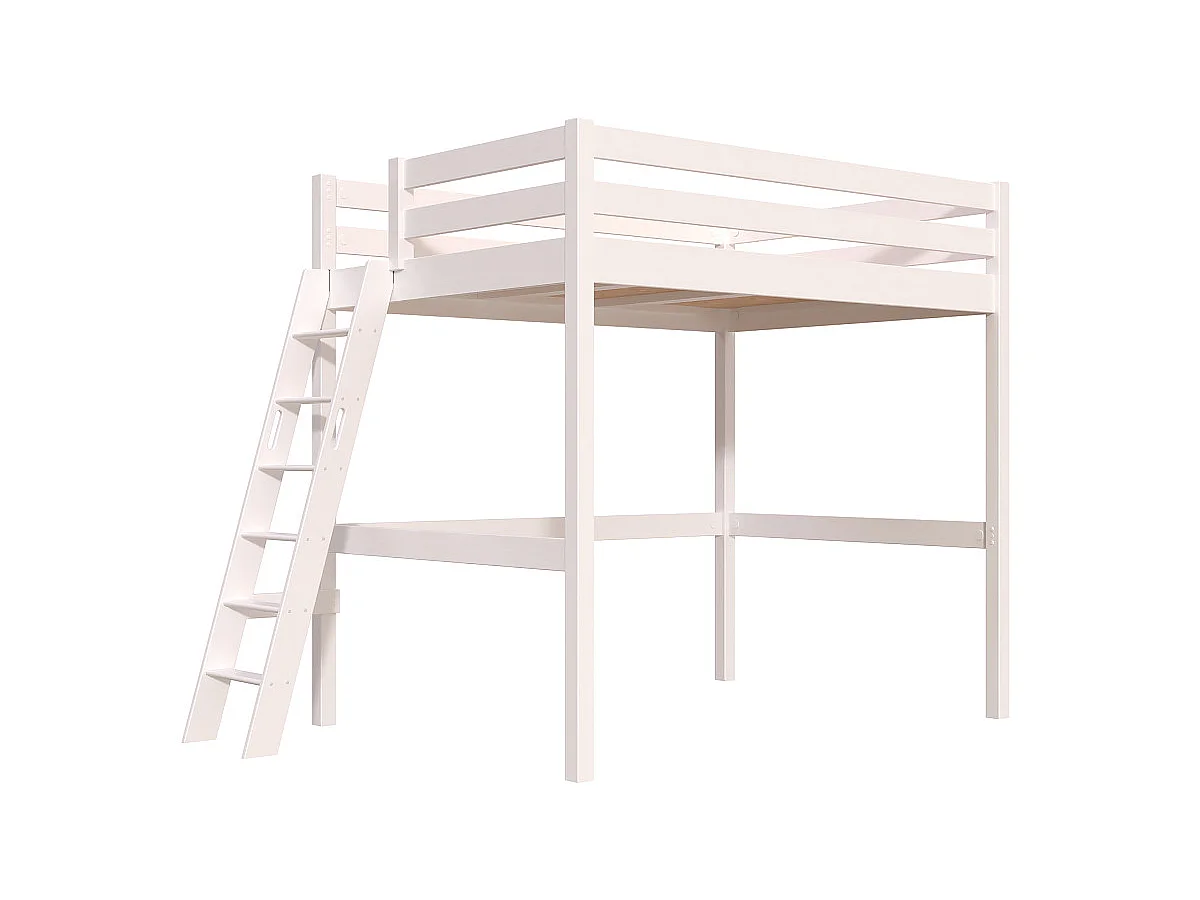 Lit mezzanine 2 places bois Sylvia 140x190 échelle inclinée, Blanc
