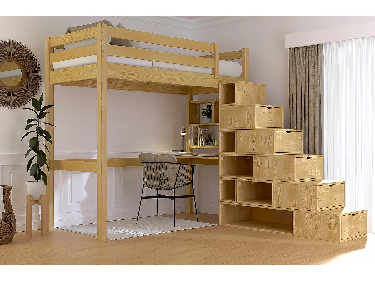 Lit mezzanine bois 90x200 Sylvia avec escalier cube, Miel
