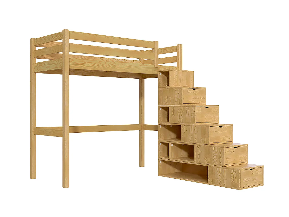 Lit mezzanine bois 90x200 Sylvia avec escalier cube, Miel