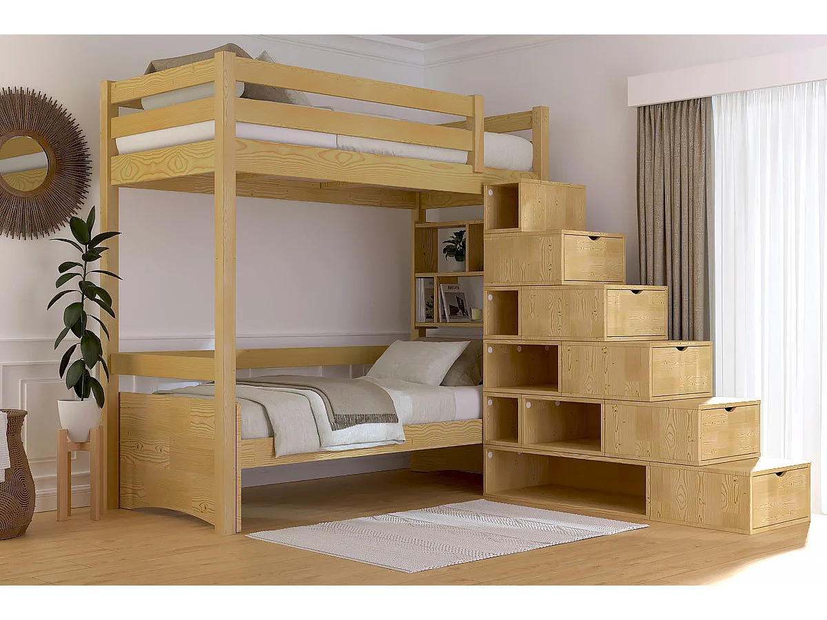 Lit mezzanine bois 90x200 Sylvia avec escalier cube, Miel
