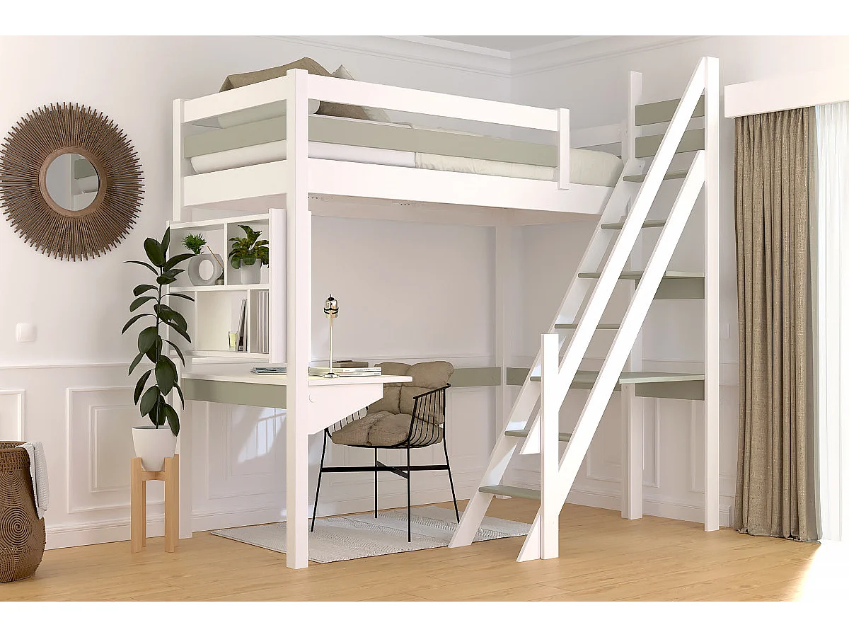 Lit Mezzanine bois Sylvia 90x200 avec escalier de meunier, Blanc/Moka