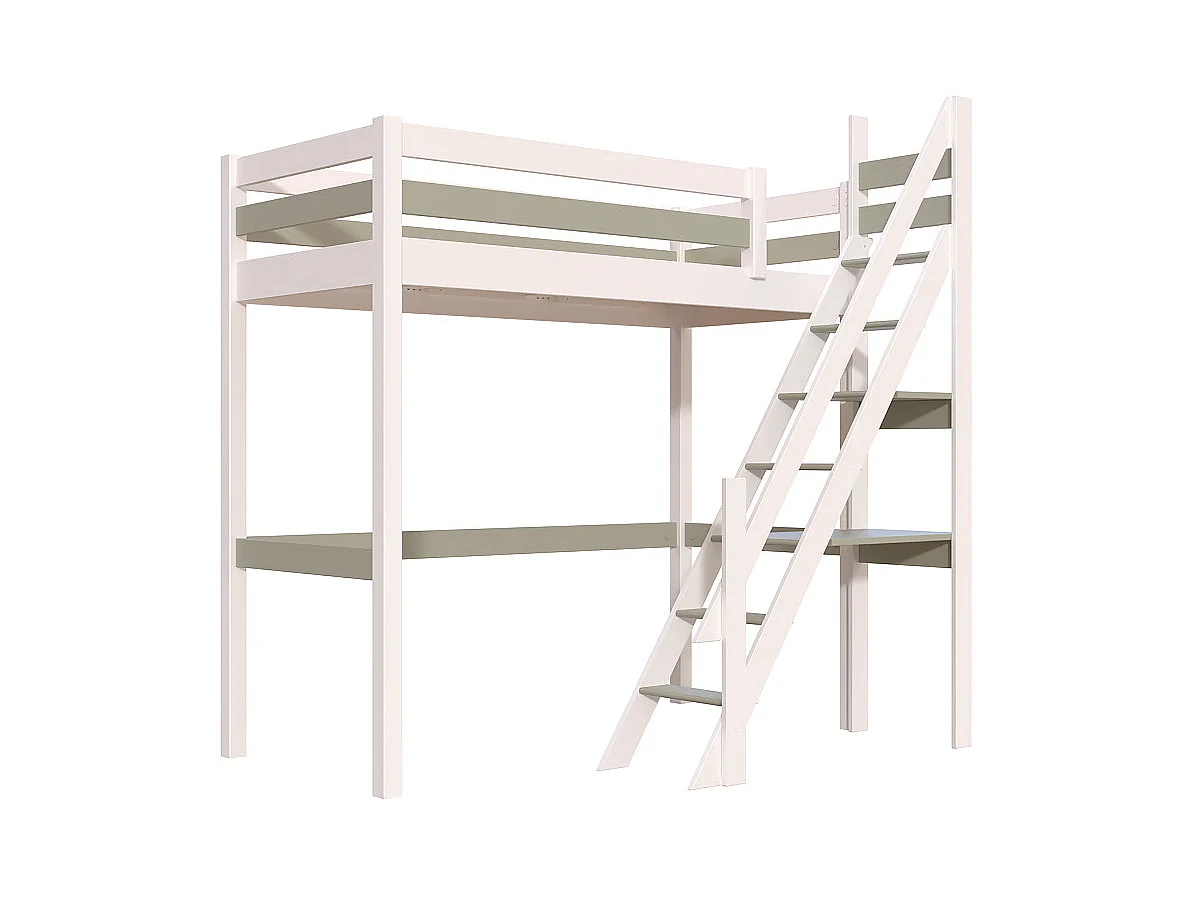 Lit Mezzanine bois Sylvia 90x200 avec escalier de meunier, Blanc/Moka
