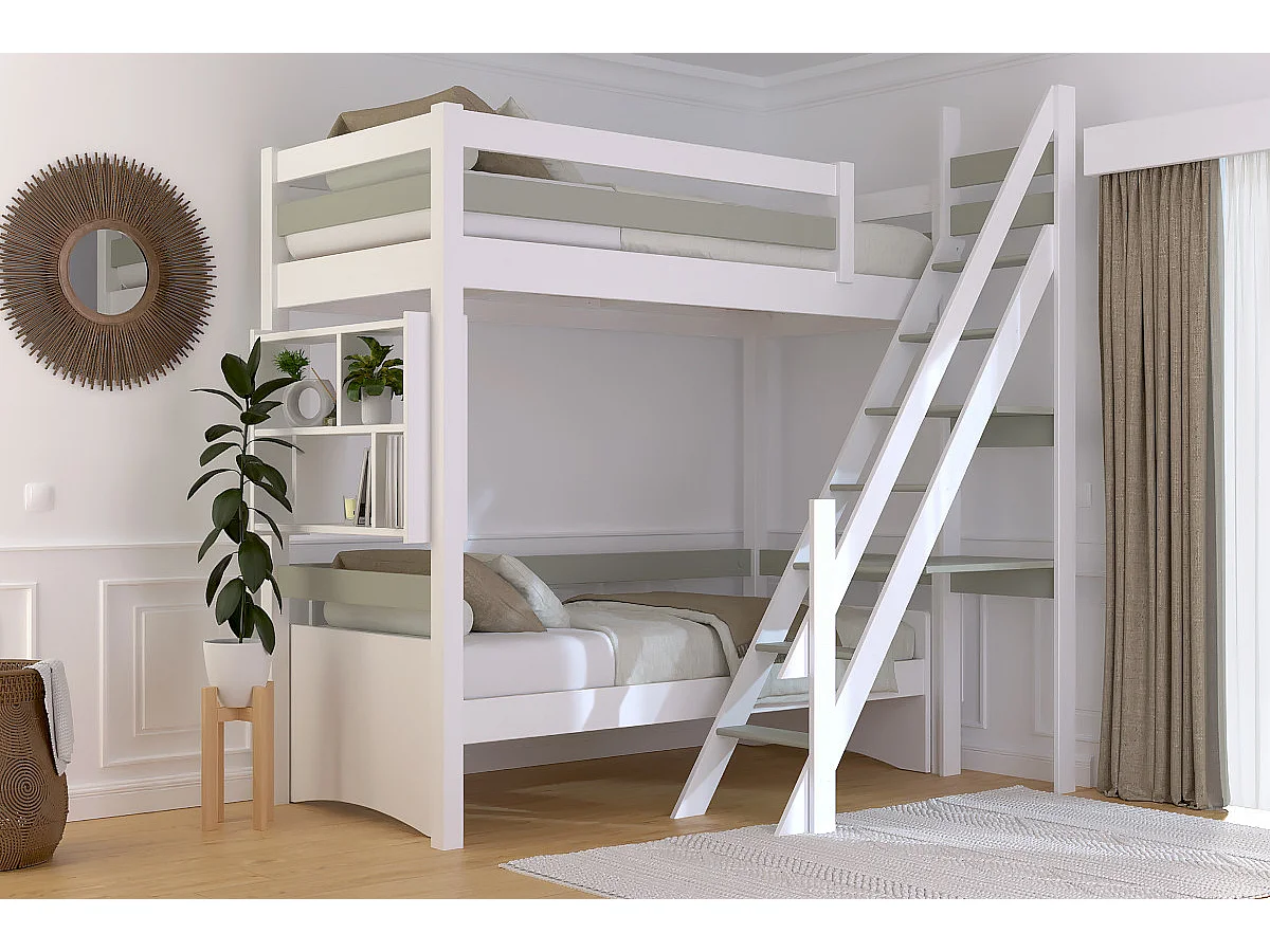 Lit Mezzanine bois Sylvia 90x200 avec escalier de meunier, Blanc/Moka
