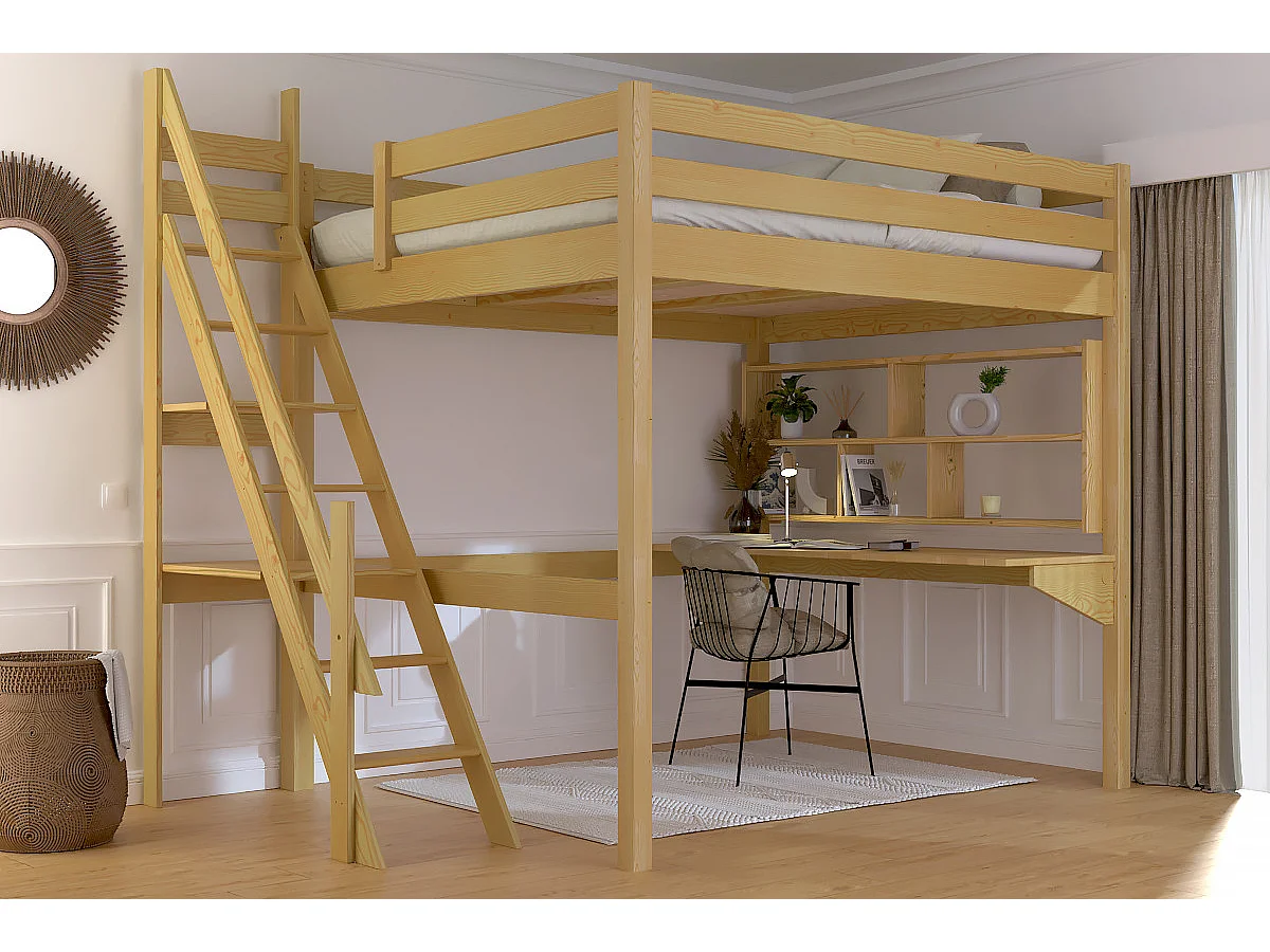 Lit Mezzanine bois 160x200 Sylvia avec escalier de meunier, Miel