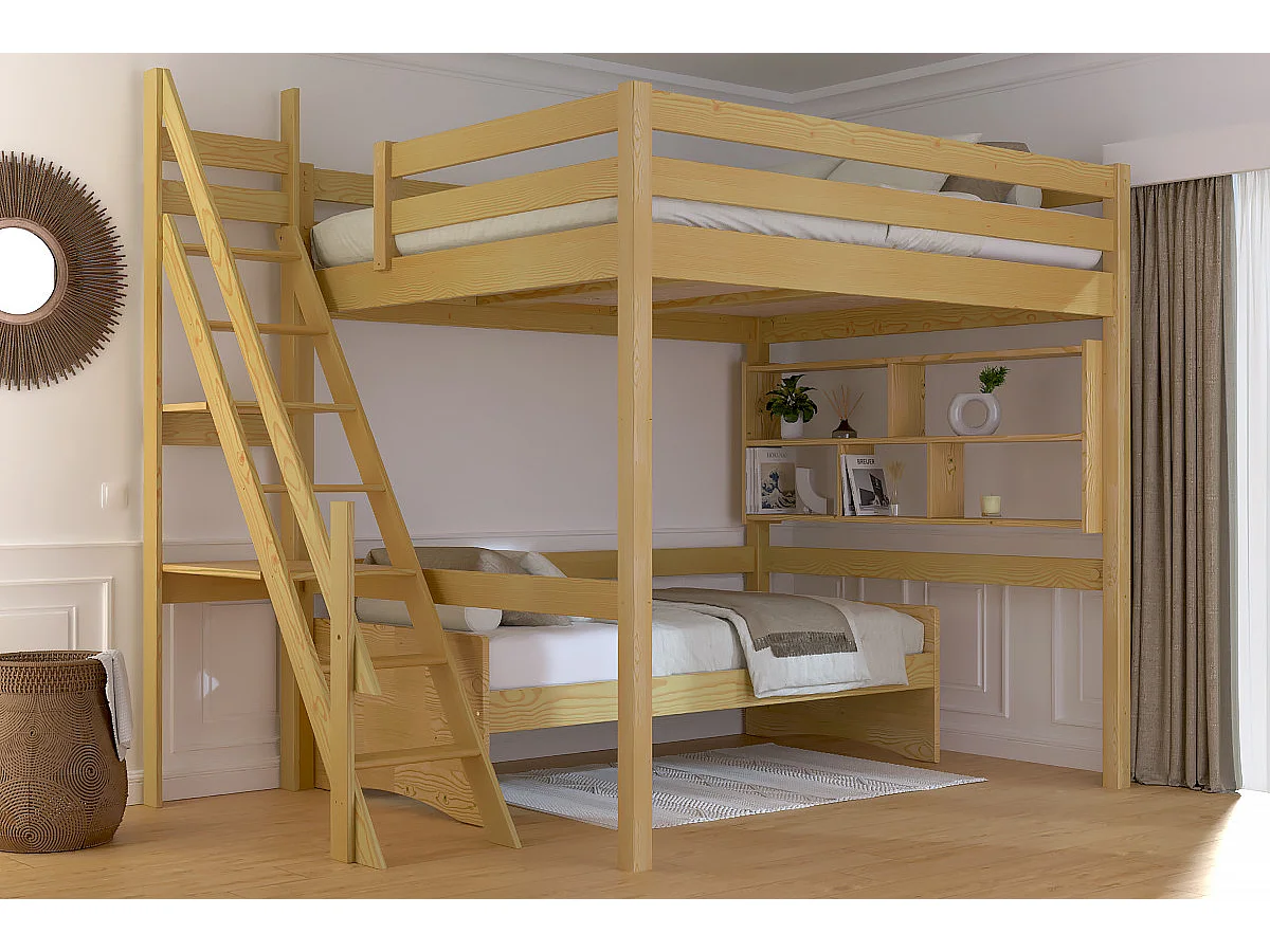 Lit Mezzanine bois 160x200 Sylvia avec escalier de meunier, Miel
