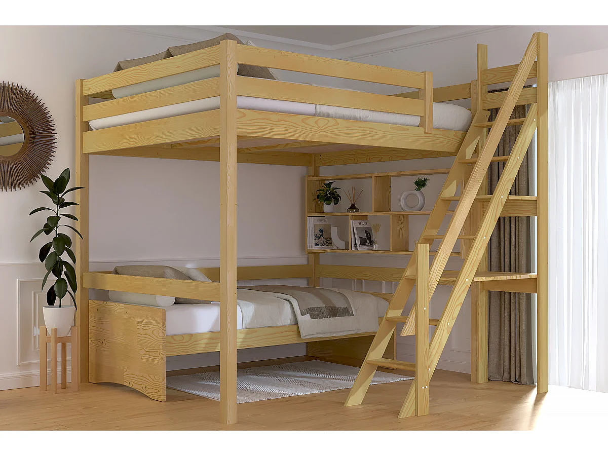 Lit Mezzanine bois 160x200 Sylvia avec escalier de meunier, Miel
