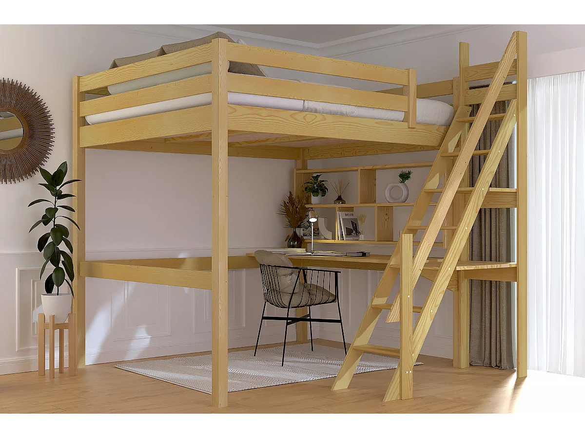 Lit Mezzanine bois 160x200 Sylvia avec escalier de meunier, Miel