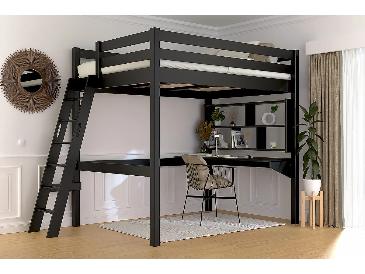 Lit mezzanine 2 places bois Sylvia 140x200 échelle inclinée, Noir